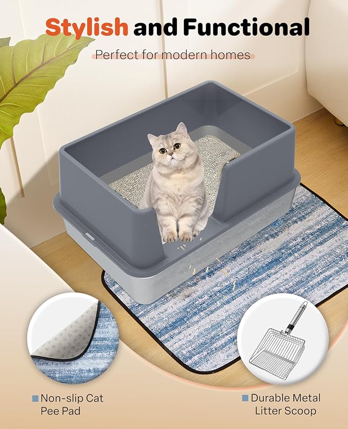 Stainless Steel Litter Box with Lid, 23.5" L x 15.8" W x 12.6" H, XL Metal Cat Box for Big Cats, High Sided Kitty Litter Box with Scoop & Pee Pads, Non-Sticky, Anti-Leakage, Easy to Clean (Gray)