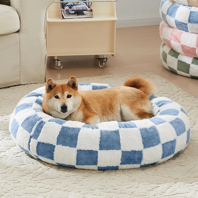 Checkered Dog Bed, Cute Blue Retro Style Aesthetic Round Warming Pet Calming Beds for Small Dog and Cats, Plush Cozy Donut Dog Beds Washable, 30" L x 30" W x 8" Th