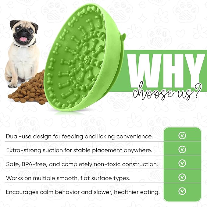 Lick Mat Bowl for Dog–Easy-to-Clean, Non-Slip Design BPA-Free Silicone Lick Mat–Great for Yogurt, or Peanut Butter–Fun Enrichment Slow Feeder & Interactive Dog Toy for Anxiety and Boredom Relief–Green