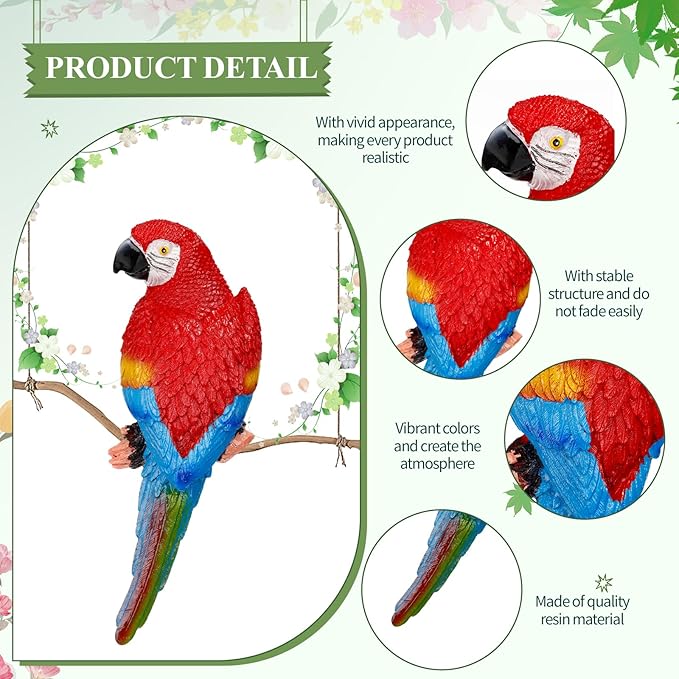 Jetec 2 Pcs Parrot Decor Outdoor Tiki Bar Decorations Large Realistic Parrot Statues for Outside Lifelike Bird Sculptures Garden Patio Yard Lawn Figurines for Tropical Animal Tree Wall (Blue, Red)