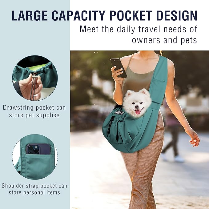 Dog Carrier Sling - Extra Wide Padded Shoulder Straps, Adjustable Hands-Free Small Dog Camier, Ergonomic Design for Travel and Daily Walks, for Small Dogs and Cats 12 lbs, (Peacock Blue)