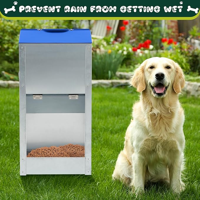 2 Pcs 25 Lbs Large Automatic Dog Feeders with Handle Acrylic Panel Galvanized Gravity Feeder Outdoor Hanging for Doggie Breed Dog Food Dispenser Container(Blue)