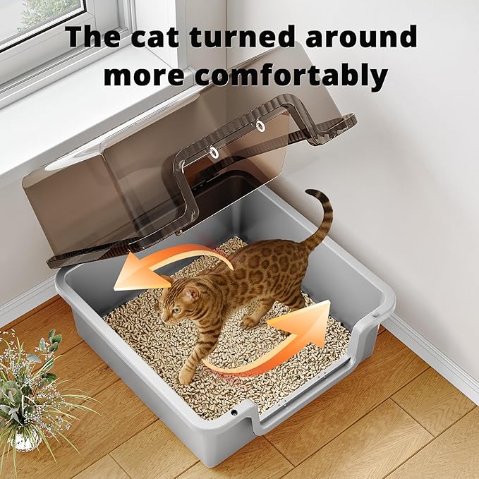 Oneluck Large Covered Cat Litter Box with Scoop and Transparent Lid, Non-Stick, Durable, Easy-Clean Pan for Multi-Cat Households,XL,Gray