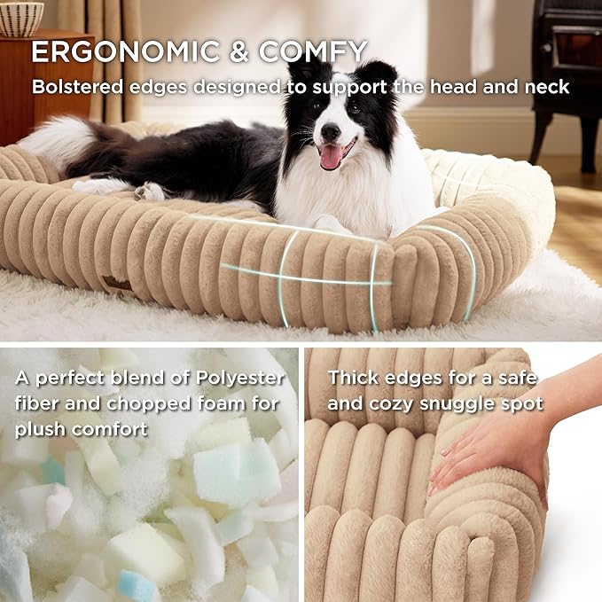 Bedsure Washable Dog Bed for Medium Dogs - Cute Furry Puppy Beds, Rectangle Orthopedic Corduroy Fleece Pet Beds with Removable Zipper Cover, 43x30x8inches, Sandy Tan