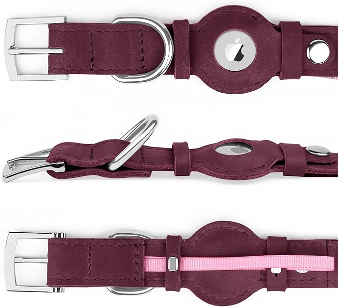 Leather Dog Collar with Airtag Holder - Apple AirTag Dog Collars - Soft Tracking Smart GPS Pet Collar for Small Medium Large Dogs Puppy (Burgundy, S, 9"-12" Neck Fit)