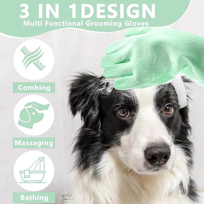 Pet Grooming Gloves—Heat Resistant Dog Washing Gloves with High-Density Teeth, Dog Bath Scrubber with Enhanced Five Finger Design, Silicone Gloves for Dogs and Cats Bathing, Massage (Green)