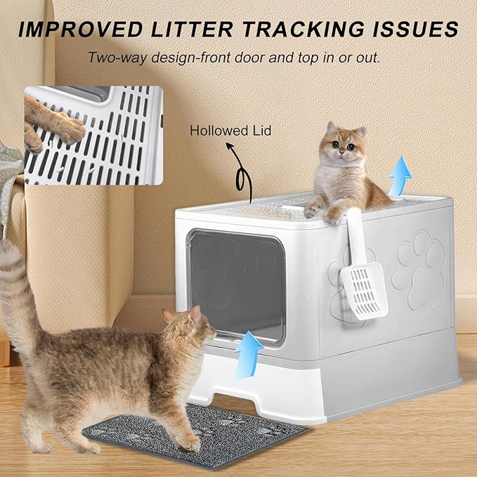 Upgrade Portable Litter Box, Top Entry Cat Box with Lid, No Leakage Kitty Box with Scoop and Mat, Easy Cleaning Cat Box Enclosure (Grey)