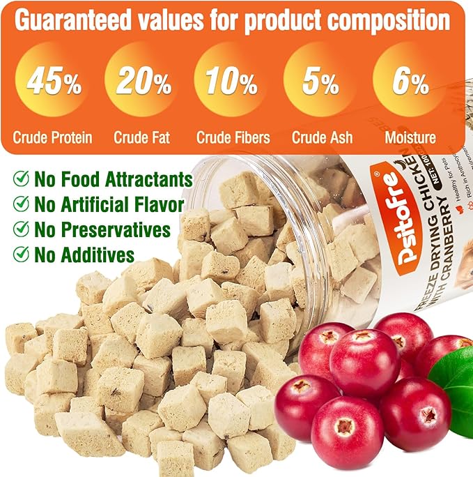 Freeze-Dried Chicken Cat Treats, Chicken Cube Snacks with Cranberry for Pets, High Protein Chickens Dog Treat Bite-Sized Pieces