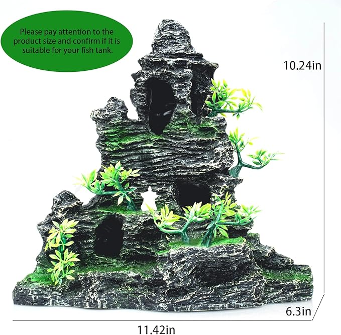 Large Aquarium Decor - Fish Tank Decorations with Mountain View Stone Ornament, Ideal for Betta, Snails, Turtle, Hiding, Climbing, Exploring, Landscaping, Aquascaping