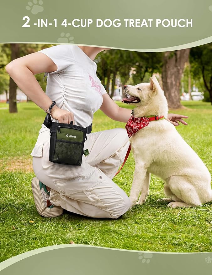 Gobeigo Dog Treat Pouch with Silicone Snack Bag, Front Pocket fits All Phones, 4 Cup Treat Bag with Training Clicker, Upgrade Stronger Magnetic Closure, 3 Ways to Wear Walking Fanny Pack (Army Green)