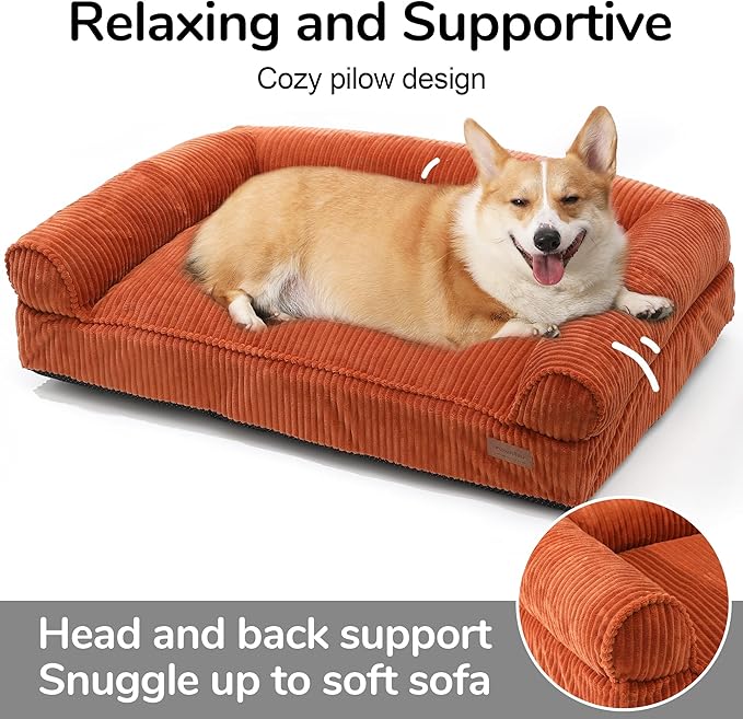 FUKUMARU Cute Dog Bed, Fluffy Dogs Couch with TPU Layer Keeping Lining Dry, Pet Sofa Medium Size Dog Easy to Care, Warm Cat Bed with Removable Zipper Cover, 36inch, Large, Orange