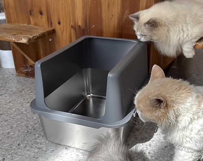 Litter Box with Lid, Stainless Steel Litter Box, 12" Metal Litter Pan High Sides, Small Litter Tray for Kittens, Cat Litter Tray Covered Grey, Easy Clean
