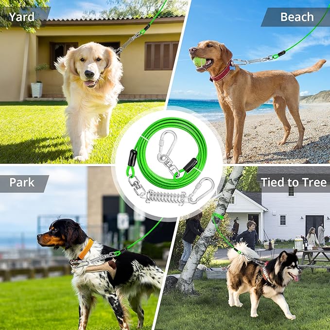 Jenico Dog Tie Out Cable, 10/15/20/30/40/50/70/100/150FT Runner Cable with Swivel Hook and Shock Spring, Yard and Camping Dog Leash Run Tether, Up to 500 LBS