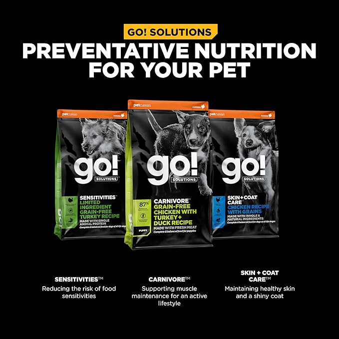 Go! Solutions Carnivore, Grain-Free, Protein Rich Dry Dog Food, Chicken, Turkey and Duck Puppy Recipe, Small Kibble, 22 lb Bag