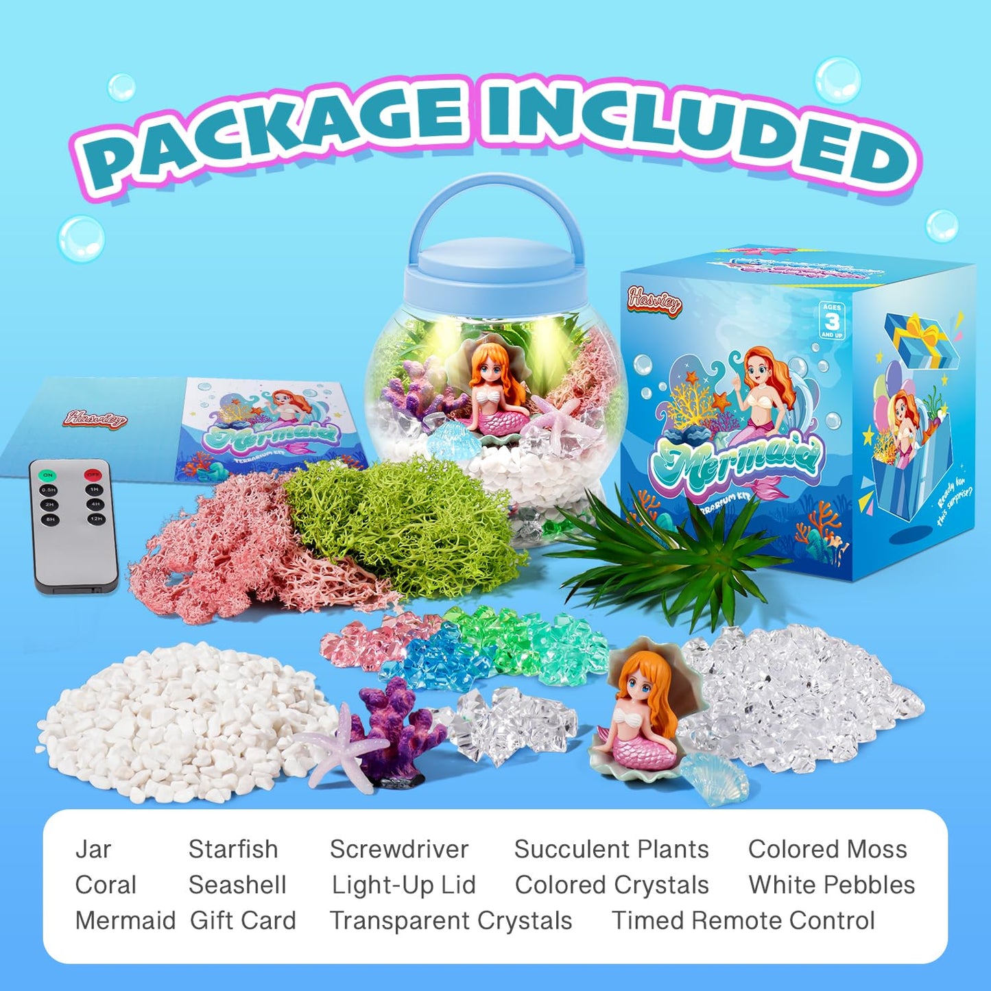 Hasviey Kids Terrarium Kit, Light-Up Mermaid Toys for Girls 4-6, DIY Arts & Crafts Kits for Kids with Remote Control, Preschool Learning & Educational Science Kits, Gift Ideas for Birthday Christmas