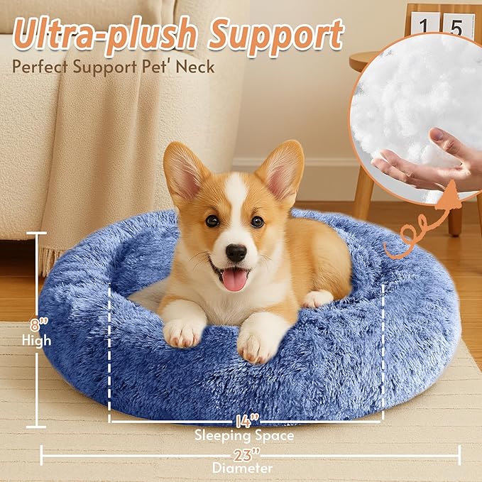 JOLLYVOGUE Calming Dog & Cat Bed for Small Dogs, Anti-Anxiety Donut Cuddler Cozy Soft Round Bed with Anti-Slip Bottom, Fluffy Faux Fur Plush Cushion Beds for Small Medium Pets (23")