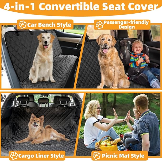 Dog Car Seat Cover for Back Seat, Dog Seat Covers Pet Rear Seat Cover, Waterproof Car Bench Seat Protector, Interior Backseat Covers Mat for Cars, SUVs and Vans (Black, 52"x48")