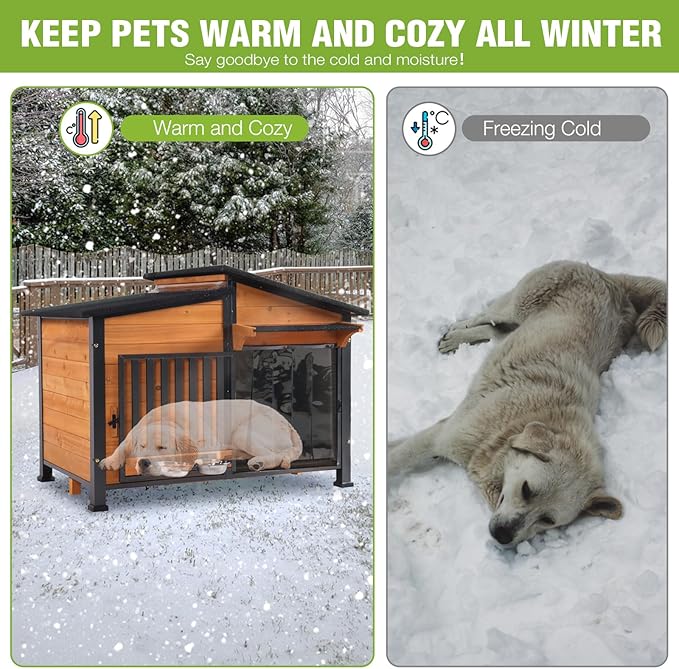 GUTINNEEN Outdoor Dog House Insulated Large Weatherproof Dog Shelter with Chew-Proof Full Metal Frame, 360° Rotatable Spill-Proof Bowl, Openable Roof, Removable Inner Floor for Dogs