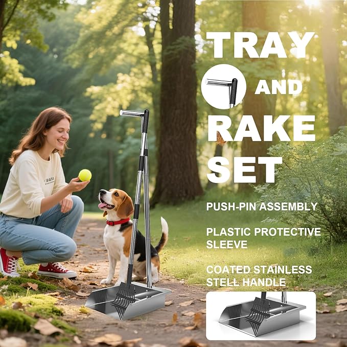 Heavy Duty Metal Pooper Scooper, Dog Pooper Scooper for Large Medium Dogs Long Handle Stainless Tray and Rake Set，Extremely Durable Metal Stainless Steel Dustpan for Indoor Outdoor Cleaning 。