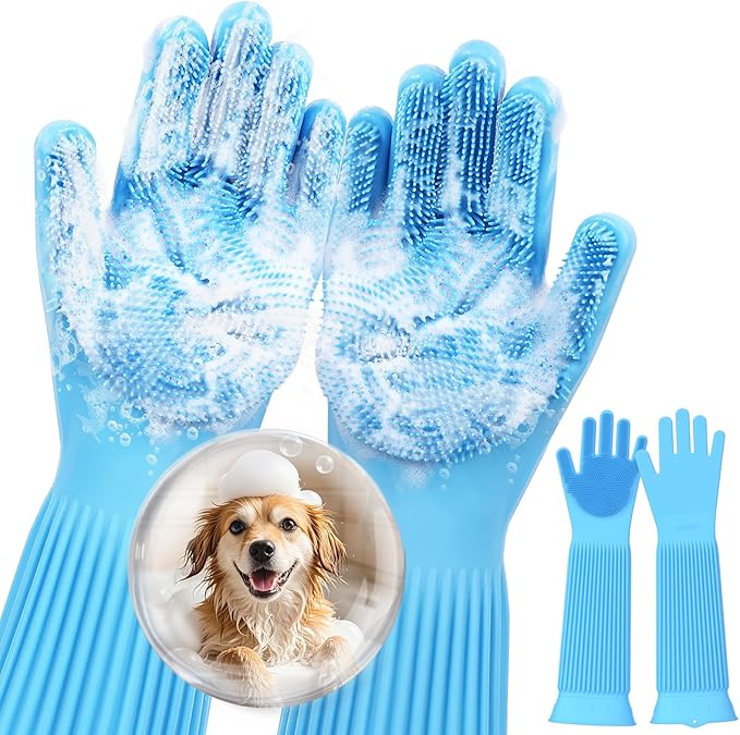 Pecute Pet Grooming Gloves, Heat Resistant Cat Bathing Gloves with High-Density Teeth, Silicone Dog Bathing Gloves with Enhanced Five Finger Design, Bathing and Massaging for Dogs and Cats