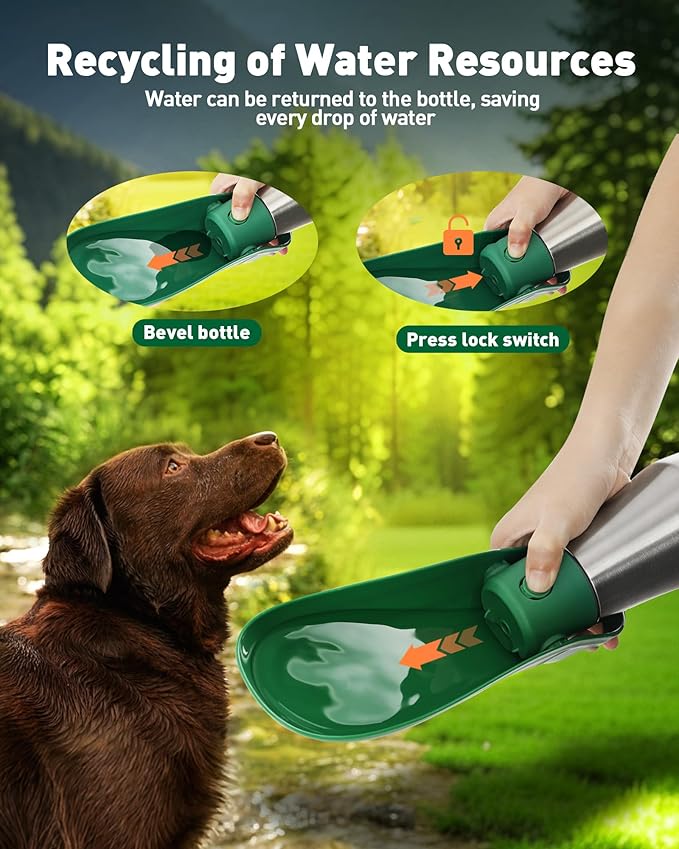 Portable Dog Water Bottle Bowl - 27 oz Travel Water Bowl Dispenser for Dogs, Stainless Steel Leak-Proof, A Must-Have for Outdoor, Camping, Walking, Beach, Hunting and Other Scenes （Green）