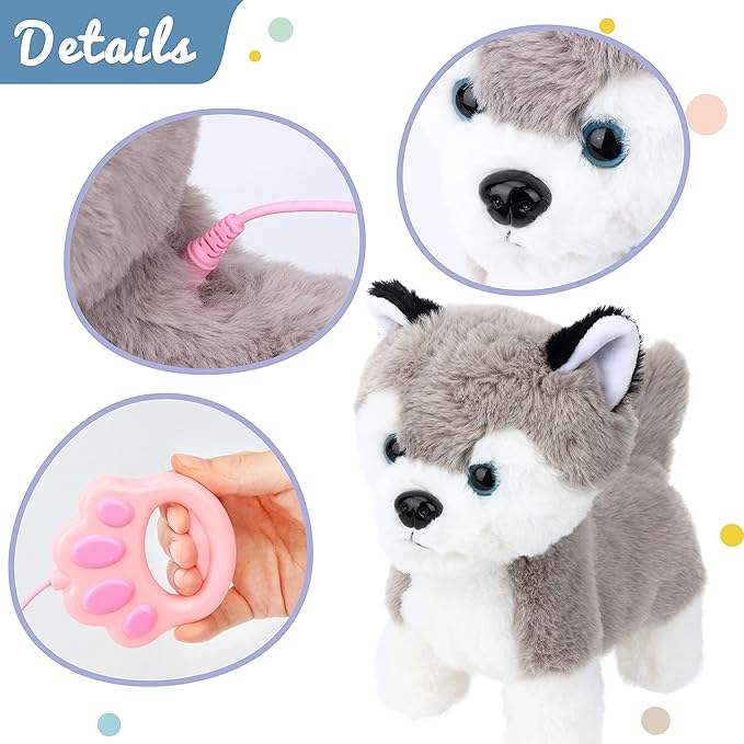 Hopearl Walking Husky Interactive Electronic Pet Musical Dog Toy Remote Control Leash Animated Puppy Singing Barking Wagging Tail Touch Recognition Gifts for Toddlers Birthday, Gray, 9''