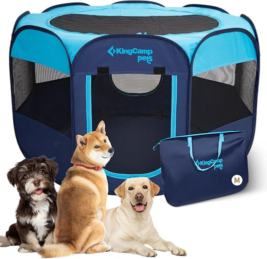 KingCamp Dog Playpen, Portable Foldable Cat Kitten Puppy Tent Crates 29"/36"/50" Pop Up Pet Playpen with Zippered Bottom & Cover for Indoor Outdoor Use (Medium, Blue)