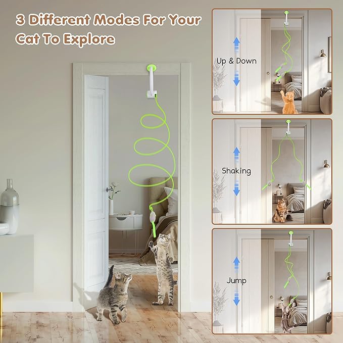 Interactive Cat Toys Rechargeable, Feather Toy for Indoor Cat, Hanging Retractable Teaser Toy, Automatic Kitten Play Chase Exercise Toys with Three Plush Mouse, USB Powered (Green)