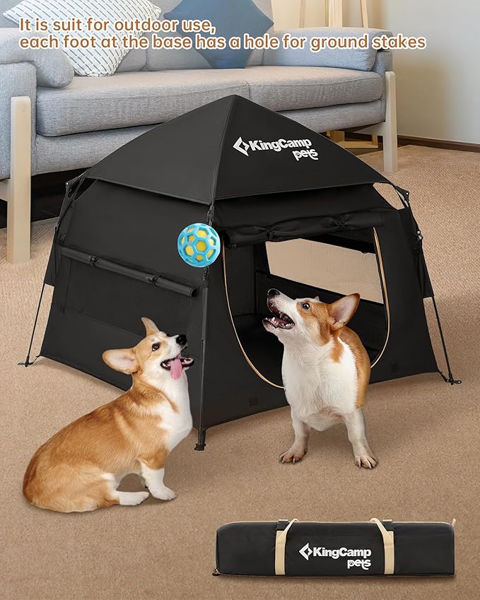 KingCamp Dog Tent, Large Portable Outdoor Indoor Dog House with 600D Oxford Fabric & Dual Layer for Medium Large Dogs, Jet Black