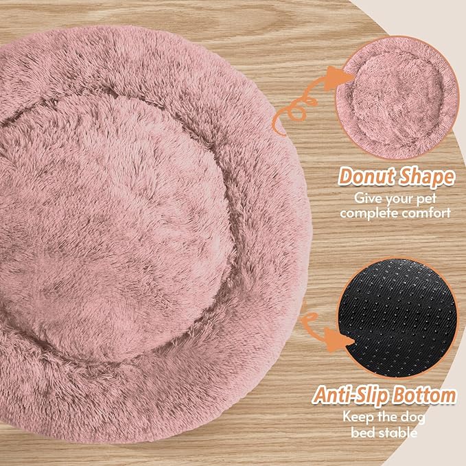 JOLLYVOGUE Calming Dog & Cat Bed for Small Dogs, Anti-Anxiety Donut Cuddler Cozy Soft Round Bed with Anti-Slip Bottom, Fluffy Faux Fur Plush Cushion Beds for Small Medium Dogs (27")
