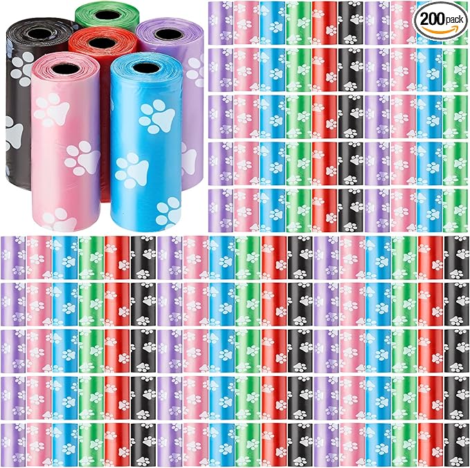 Thenshop 3000 Counts 200 Rolls Dog Poop Bag Plastic Dog Waste Bags Disposable For Doggie Pets Poop Outdoor Walking Travel Mixed Colors(Paw Print Style)