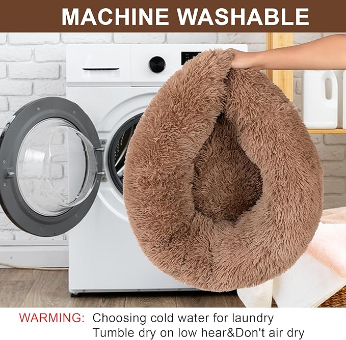 Dog Calming Beds for Small Medium Large Dogs - Round Donut Washable Dog Bed, Anti-Slip Faux Fur Fluffy Donut Cuddler Anxiety Cat Bed(24" Khaki