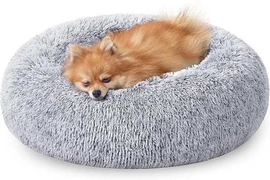 JOLLYVOGUE Calming Dog & Cat Bed for Small Dogs, Anti-Anxiety Donut Cuddler Cozy Soft Round Bed with Anti-Slip Bottom, Fluffy Faux Fur Plush Cushion Beds for Small Medium Dogs (20")