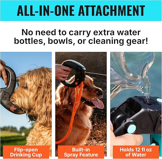Portable Dog Water Bottle with Flip-Open Cup & Squirt Feature Without Leash – Leakproof Water Dispenser Attaches to Leash – Travel Bowl for Dogs for Hikes, Walks, Outdoor Use – 12 oz