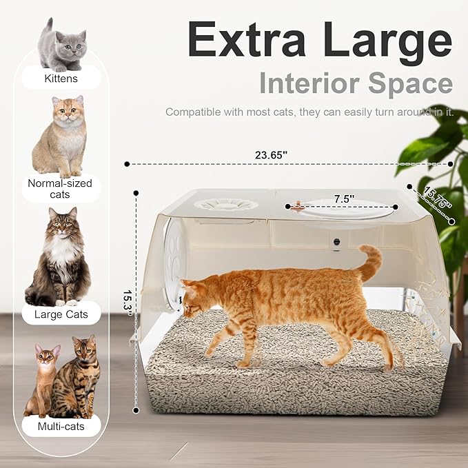 Stainless Steel Cat Litter Box with Lid, XL Extra Large Kitty Litter Box, Enclosed Top Entry Metal Litterbox for Big Cats, Easy Cleaning, Anti-Leakage & High Sided with Mat, Aisle & Scoop, Beige