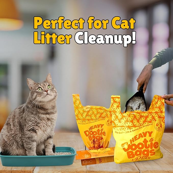 HEAVY Dootie Bags +Plus a Hint of Citrus Scent with EZ Tie Handles. For Pet Dog Poop, Cat Litter. Multi-Use. Fits Swivel Bin and Gogo Stik Scoopers. Made with Cornstarch. Strong, Leakproof, Very Large