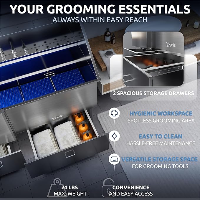 KANIS Professional Dog Washing Station - 304 Stainless Steel Pet Wash Sink & Grooming Bath Tub for Home with Ramp, Shower, Floor Grate, Storage Drawers, and Faucet for Large, Medium & Small Pets