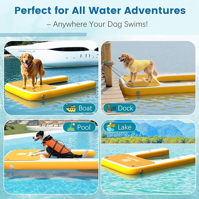 Inflatable Dog Boat Ramp, 59" L x 39" W x6 H Perfect for Large-Sized Pets Up to 220 lbs, Boat Water Ladder with Claw-Friendly High Stability Non-Slip EVA Float for Pool, Lake, Dock & Seat