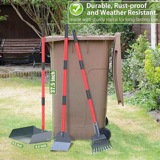 Larger Heavy Duty Pooper Scooper for Dogs-Rake, Spade,Tray Set with Long Handle,No Bend Down Easy Cleanup,Great for Yard Grass Gravel Dirt,Use for Large Small and Multi Dogs