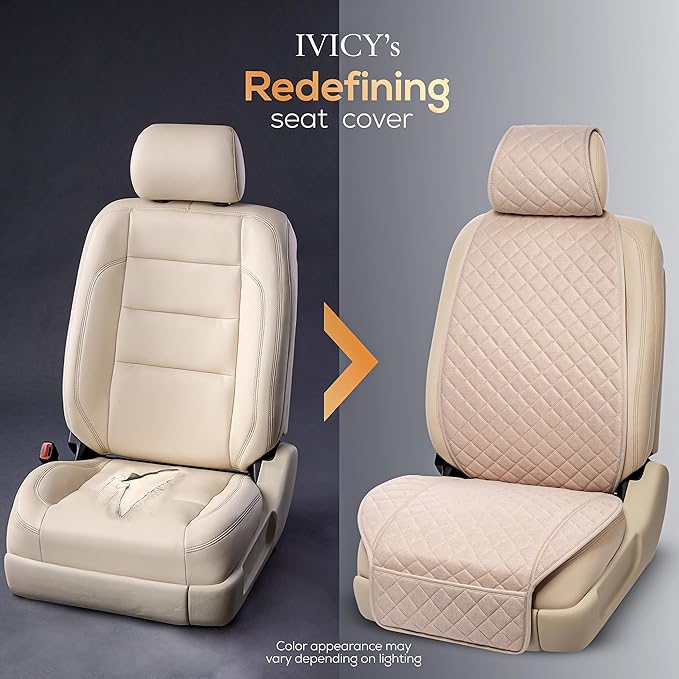 IVICY Faux Linen Car Seat Cover for Cars - Durable & Non-Slip - Front Car Seat Protector Covers for Most Automotive, Vans, SUVs, Trucks - 1 Unit – Light Beige