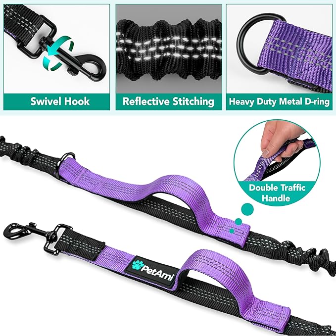 PetAmi Heavy Duty Hands Free Dog Leash, Adjustable Waist Belt for Large Dog Walking Up to 125 lbs, Bungee Leash for Pet Running, Hiking, Reflective Safety for Jogging, Biking, Purple Handle