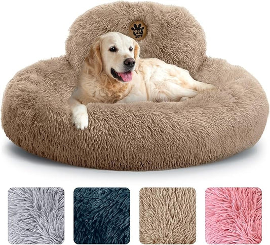 PetJett Calming Large Dog Bed - 36'' Donut Dog Beds, Anti-Slip & Washable Large Round Bed, Fluffy Faux Fur Pet Bed, Super Soft Anti-Anxiety Premium Comfort Bed, Fits Dogs up to 100 lbs - Beige