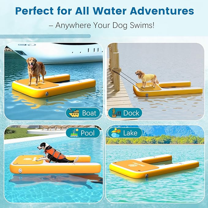 Inflatable Dog Boat Ramp, 47" L x 32" W x 6" H Perfect for Mid-Sized Pets Up to 220 lbs, Boat Water Ladder with Claw-Friendly High Stability Non-Slip EVA Float for Pool, Lake, Dock & Seat