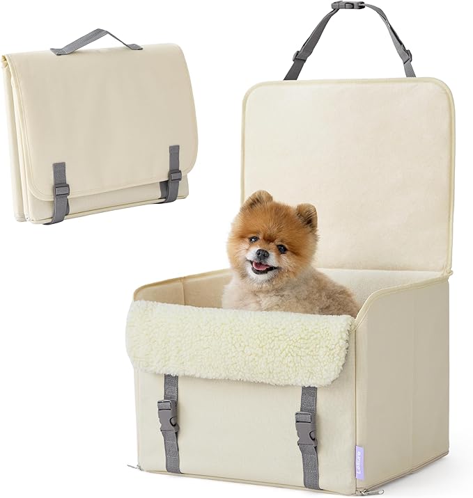 Lesure Dog Car Seat for Small Dogs, Foldable Pet Car Seat with Clip-On Safety Leash, Waterproof Puppy Booster Car Seat for Small Pets Under 25lbs, Portable Doggie Travel Carrier Bed, Light Ivory