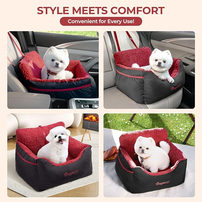 BurgeonNest Dog Car Seat for Small Dogs, Detachable and Washable Cat Carseats Under 25 lbs, Soft Pet Booster Seats with Storage Pockets and Clip-On Leash Portable Car Travel Carrier Bed, Black red