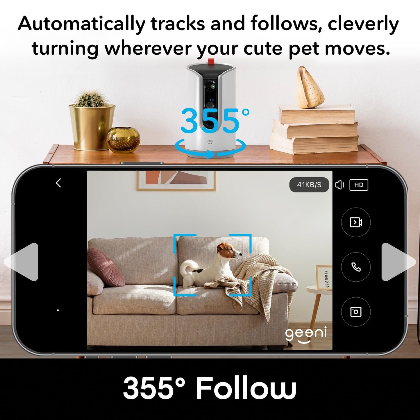 Geeni Pet Treat Dispenser with Camera - 2K HD WiFi Enabled, Dog and Cat Automatic Smart Feeder, Two-Way Audio, Night Vision, Auto-Follow, Remote Access with App, Alexa and Google Compatible, White