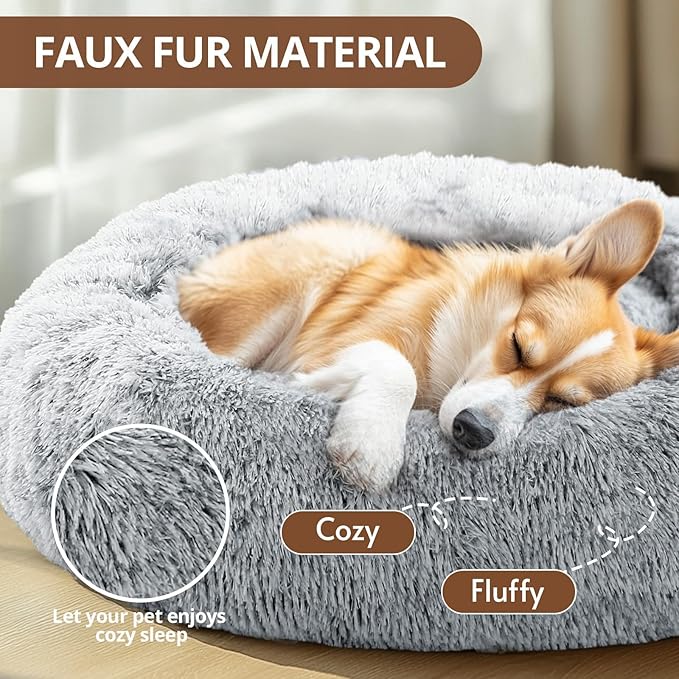 JOLLYVOGUE Large Calming Dog Bed, Anti-Anxiety Donut Cuddler Cat Bed with Anti-Slip Bottom, Fluffy Faux Fur Machine Washable Pet Cushion for Medium Large Dog & Cat, 36"/Smoke Gray