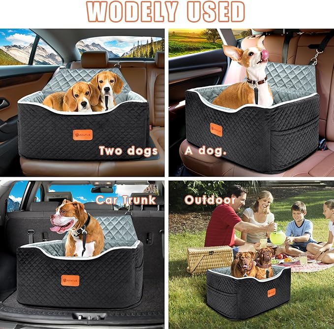 Memory Foam Booster Dog Car Seat for Medium Dogs (Under 45LBS): Elevated, Detachable Washable, Anti-Slip, for Car Back Seat, Travel Pet Bed with Seat Belt