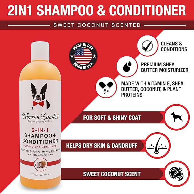 Warren London 2 in1 Pet Shampoo and Conditioner for Dogs, Puppys, & Cats | Best Dog Shampoo and Conditioner for Dry Itchy Skin | Dandruff Shampoo for Cats & Dogs | Made in USA | 17oz