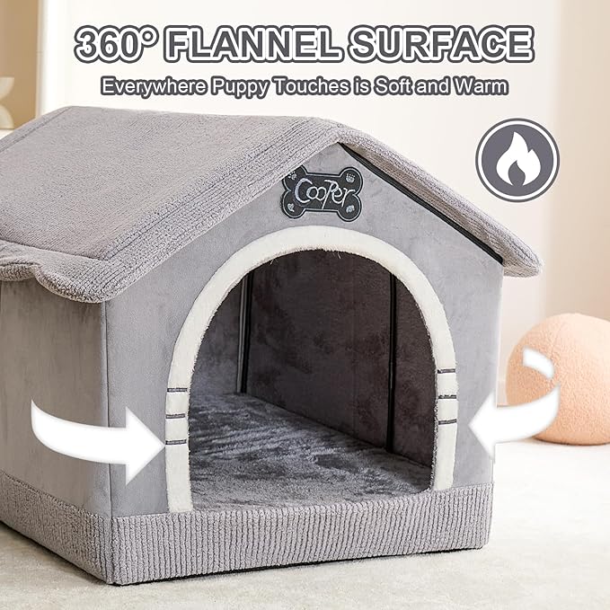 Jiupety Indoor Dog House with Frame, Large Dog Cave Bed, Insulated Cozy, Suitable for 25-60 lb, Large Plus (30"×26"×25"), Gray